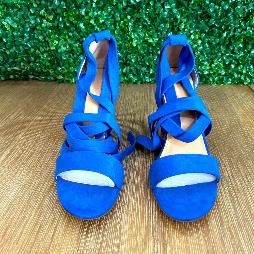 Bold Blue Lace-Up Block Heel Sandals Women’s 9 – Suede Strappy Party Shoes NEW - Picture 2 of 15